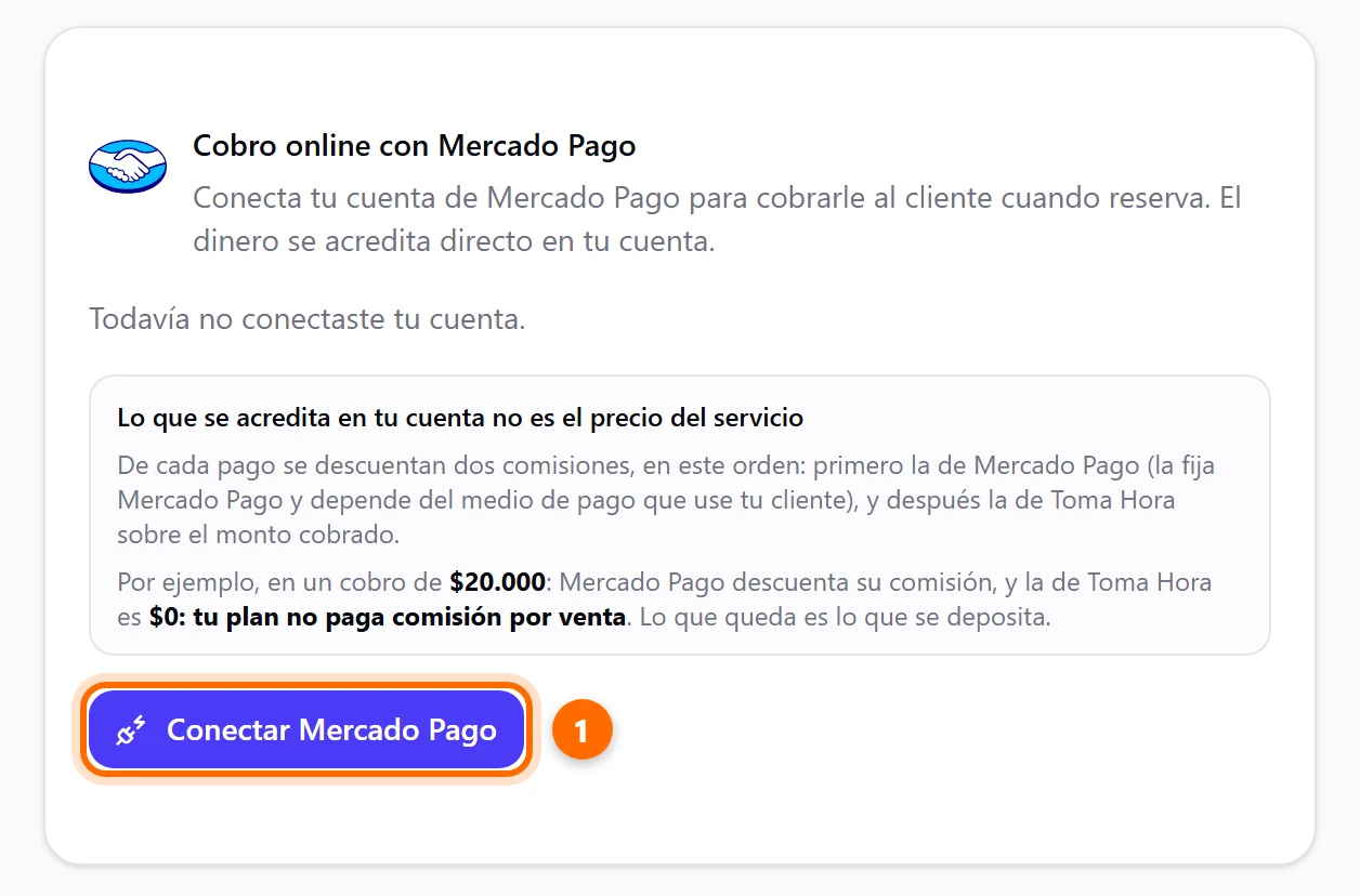 Tarjeta Cobro online con Mercado Pago sin conectar, con el botón Conectar Mercado Pago