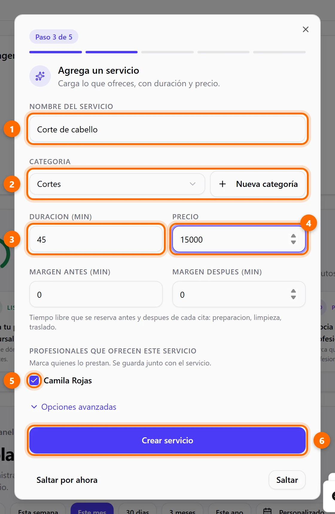 Asistente, paso 3 de 5: formulario para agregar un servicio