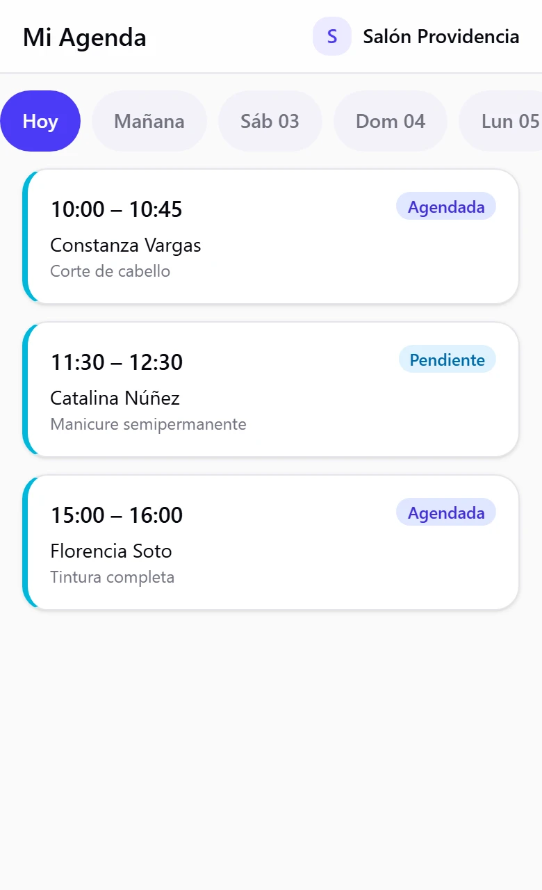 Mi Agenda en el celular con la tira de días y tres citas del día