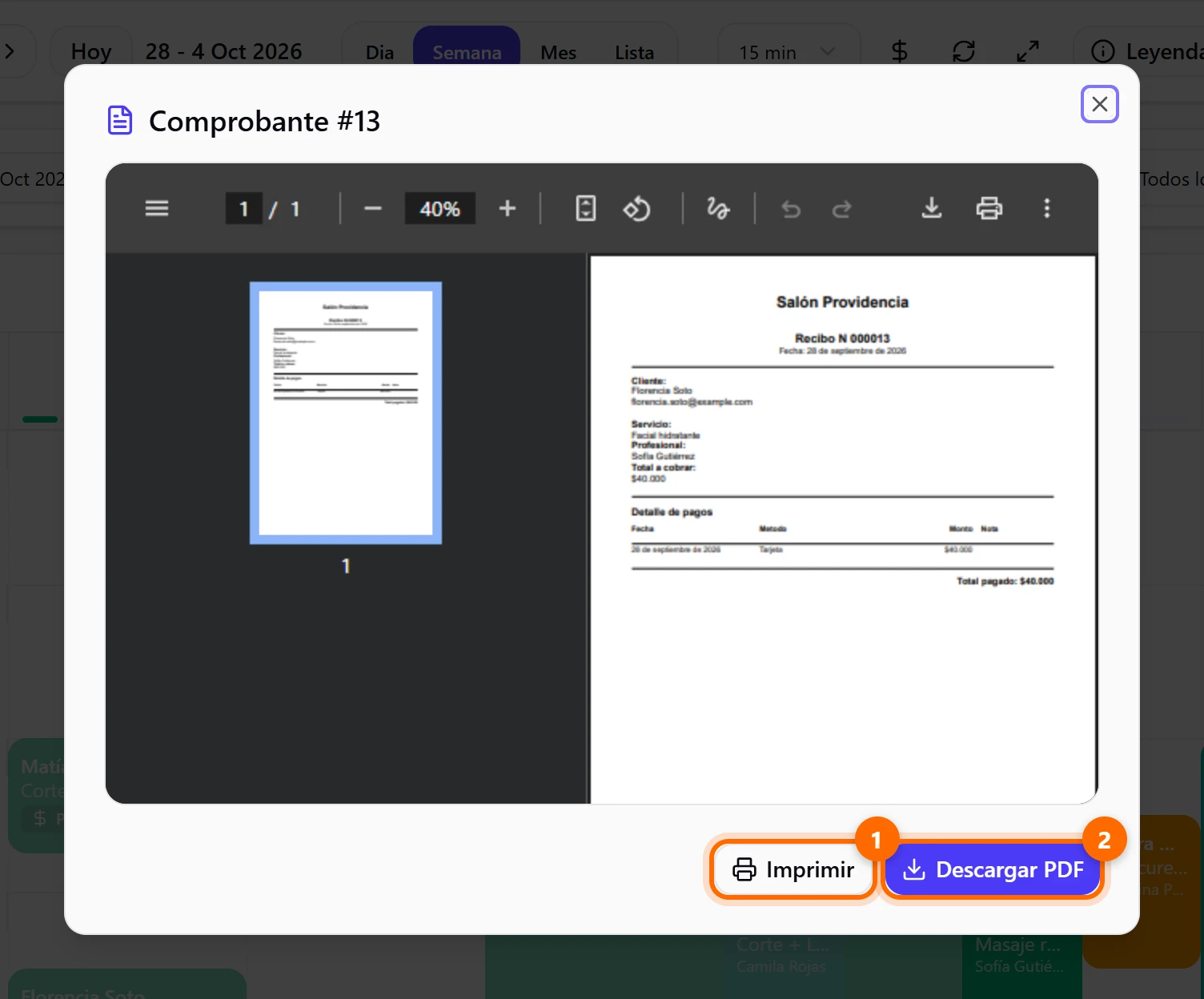 Comprobante de pago en PDF con los botones Imprimir y Descargar PDF
