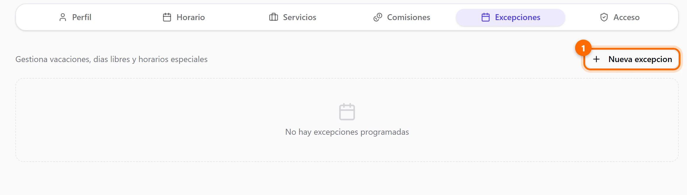 Pestaña Excepciones vacía con el botón Nueva excepcion