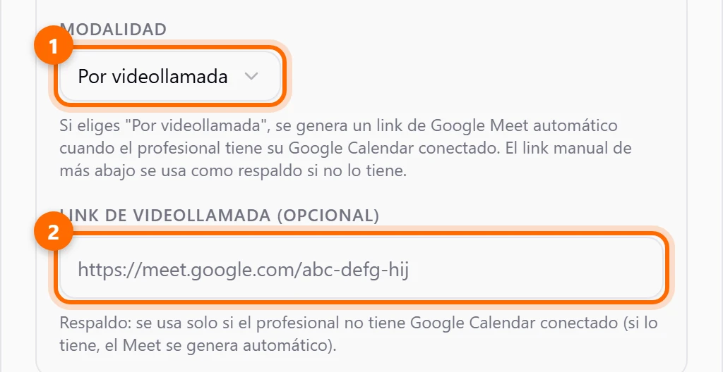 Formulario de servicio con la modalidad Por videollamada y el campo Link de videollamada