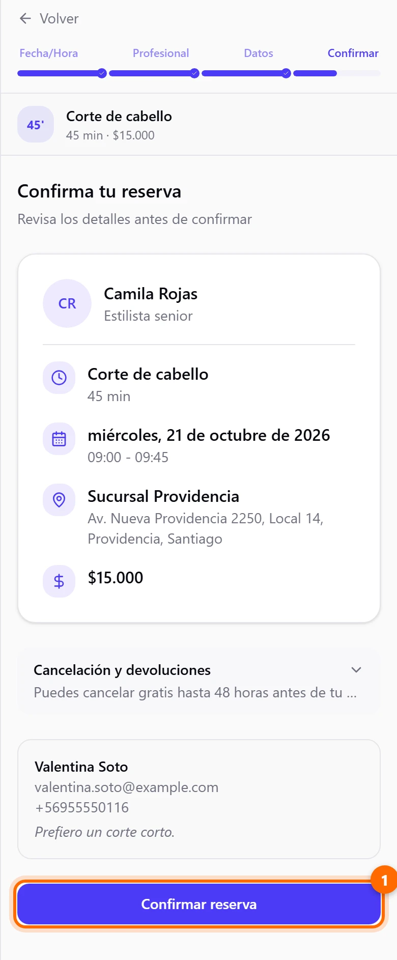 Resumen de la reserva con profesional, servicio, fecha, sucursal, precio y datos del cliente