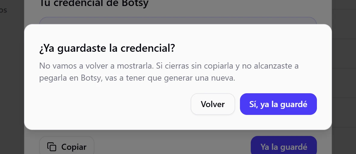 Pregunta ¿Ya guardaste la credencial? con los botones Volver y Sí, ya la guardé