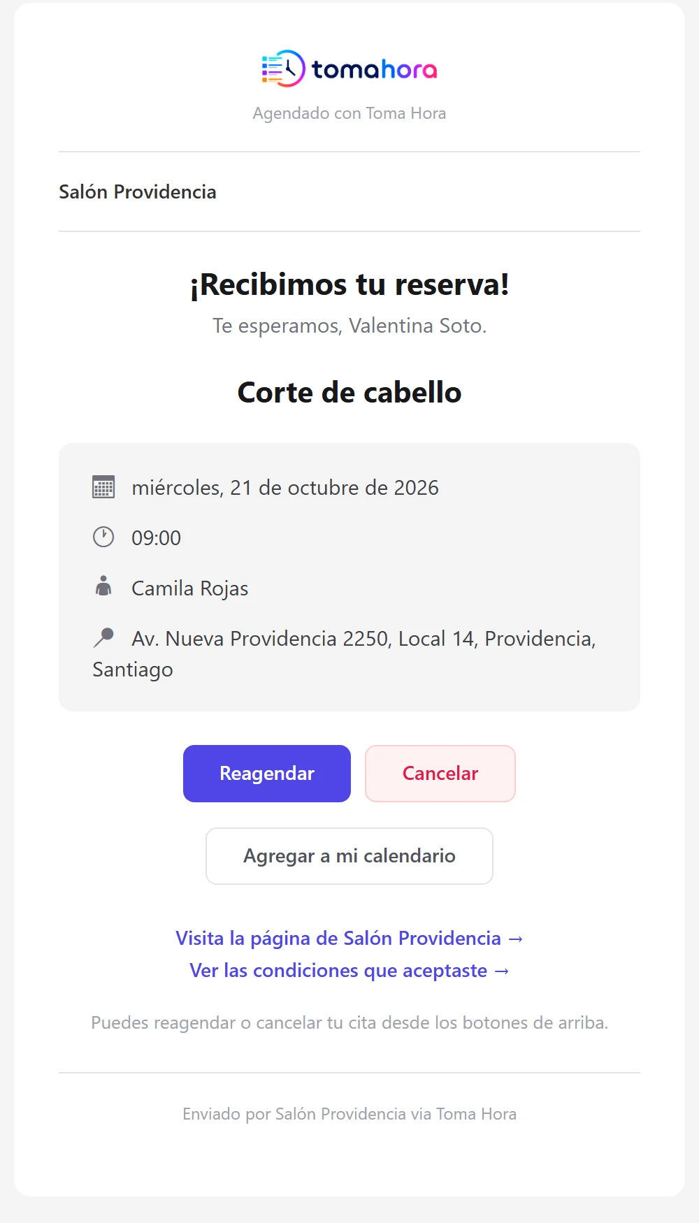 Correo de confirmación de cita con los botones Reagendar, Cancelar y Agregar a mi calendario
