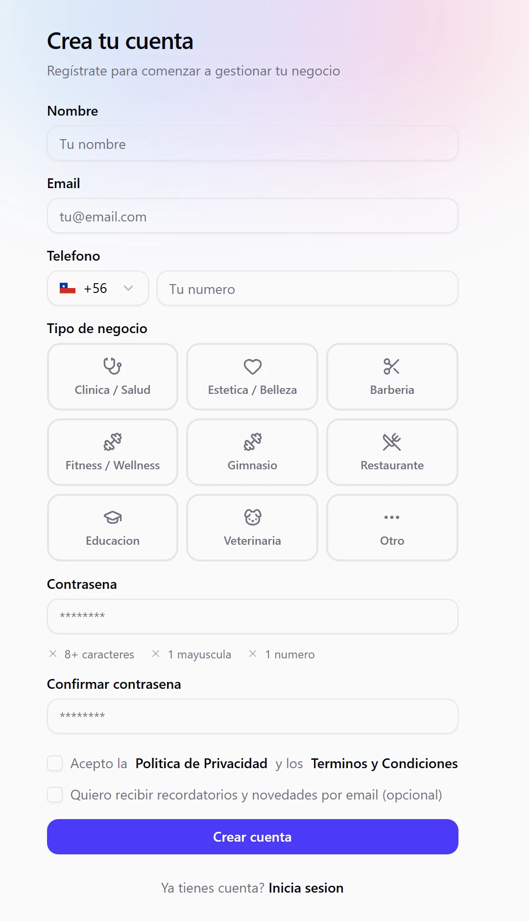 Formulario Crea tu cuenta, vacío