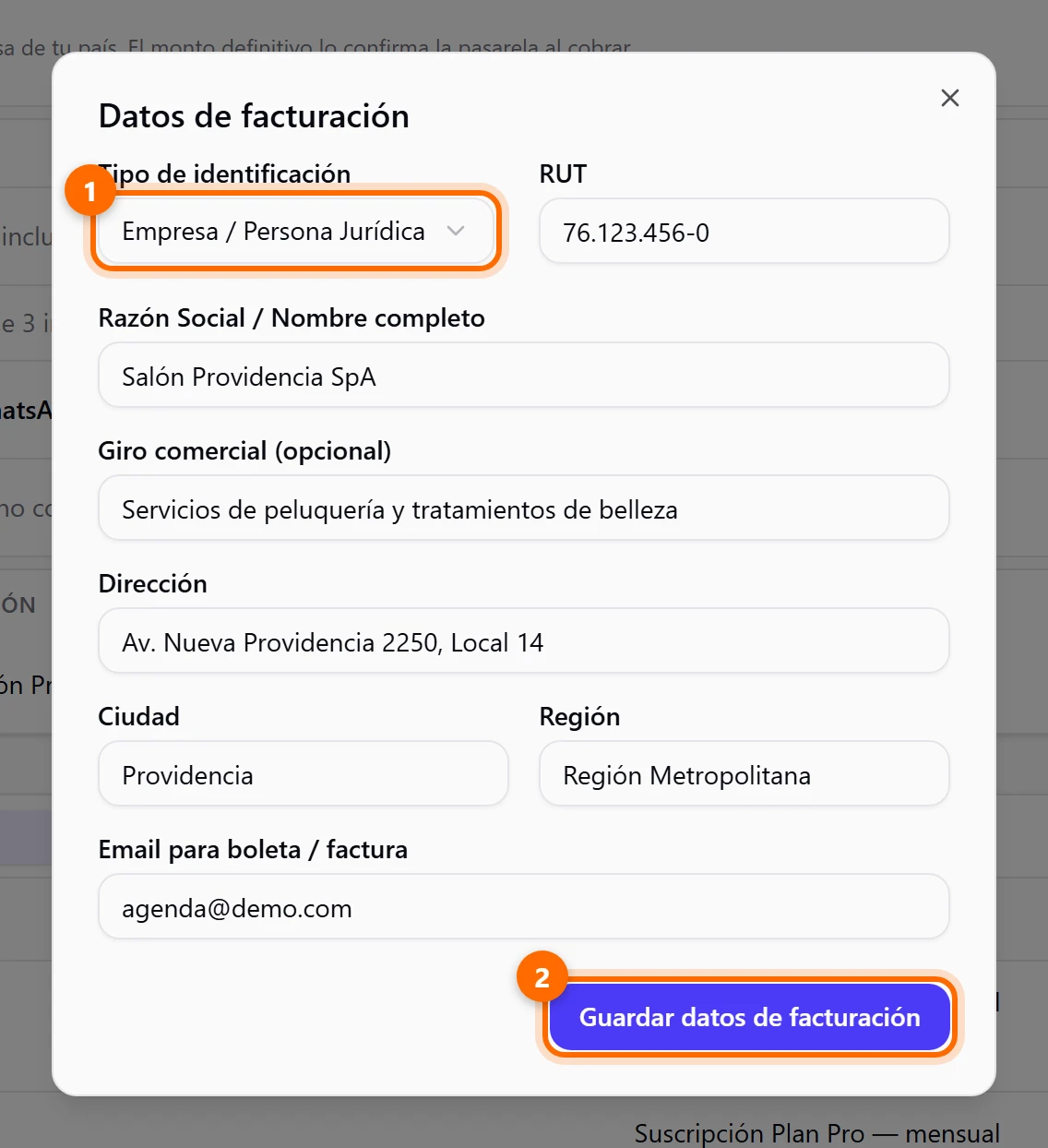 Ventana Datos de facturación con tipo de identificación, RUT, razón social, dirección y email