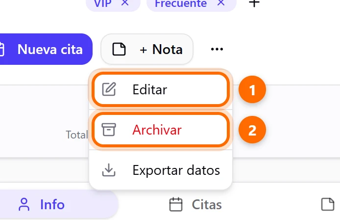 Menú de tres puntos con las opciones Editar, Archivar y Exportar datos