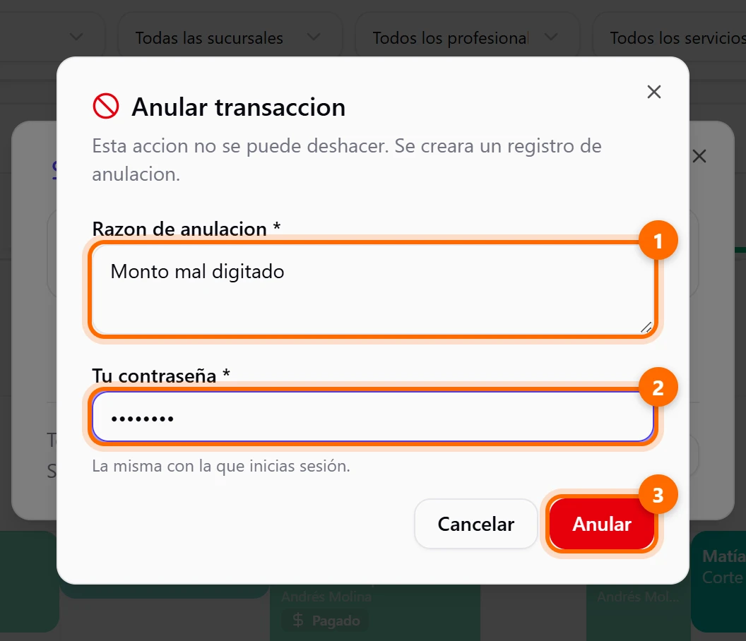 Ventana Anular transaccion con razón y contraseña