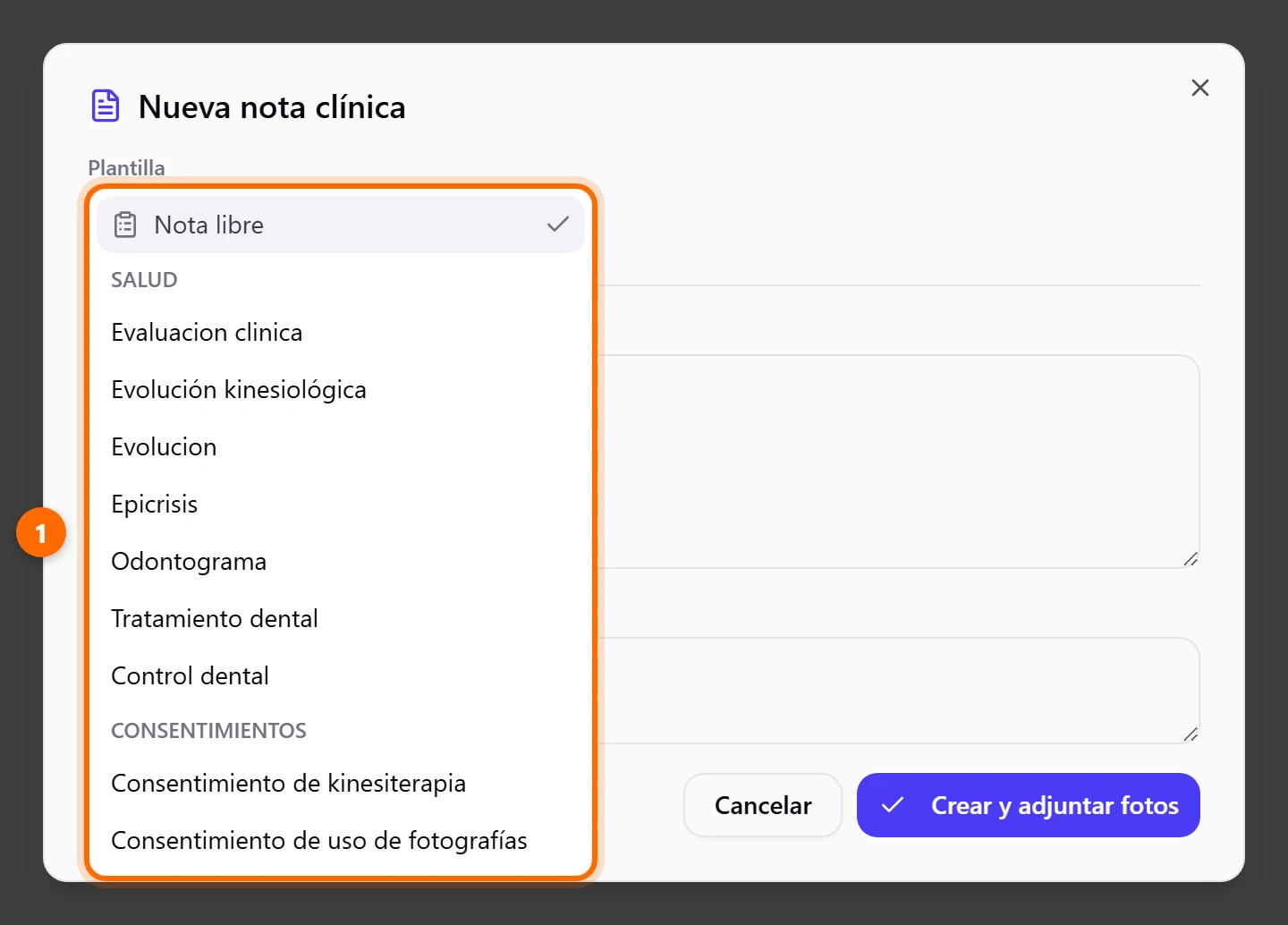 Ventana Nueva nota clínica con la lista de plantillas abierta