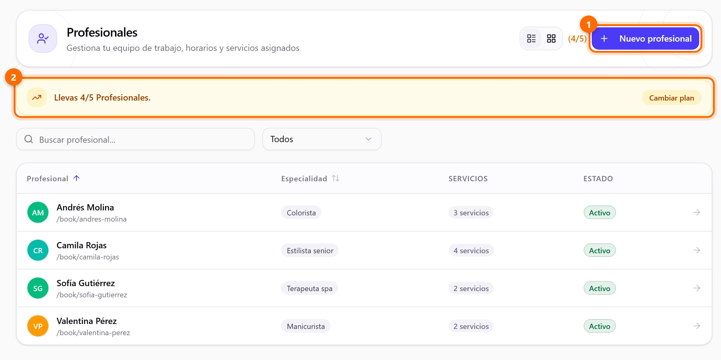 Pantalla Profesionales con el botón Nuevo profesional, el contador 4/5, el aviso Llevas 4/5 Profesionales y la lista