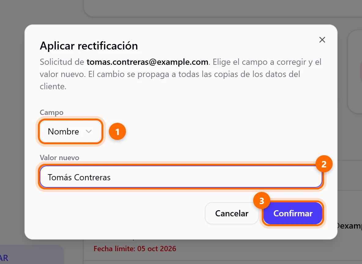 Ventana Aplicar rectificación con el campo, el valor nuevo y el botón Confirmar
