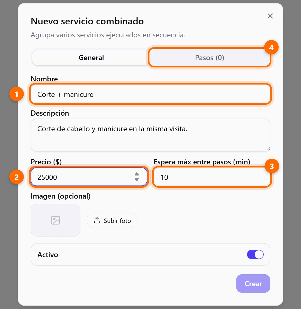 Formulario Nuevo servicio combinado, pestaña General, con nombre, descripción, precio y espera máxima