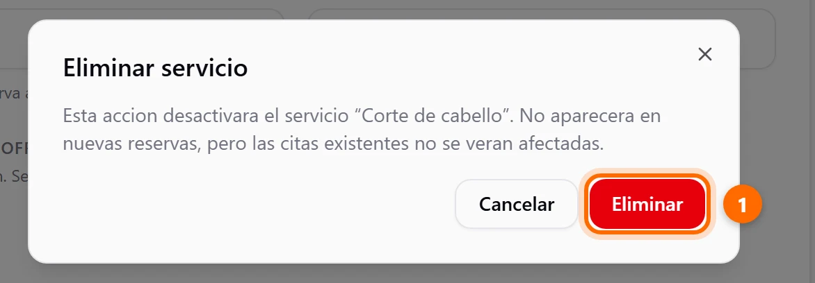 Ventana de confirmación Eliminar servicio