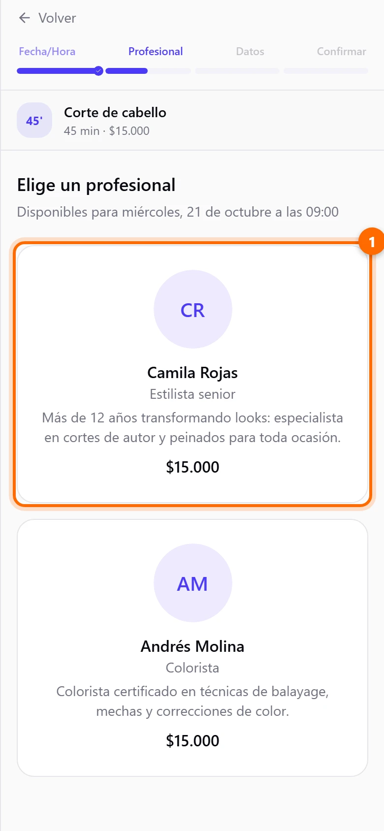 Paso Profesional con dos profesionales disponibles a la hora elegida