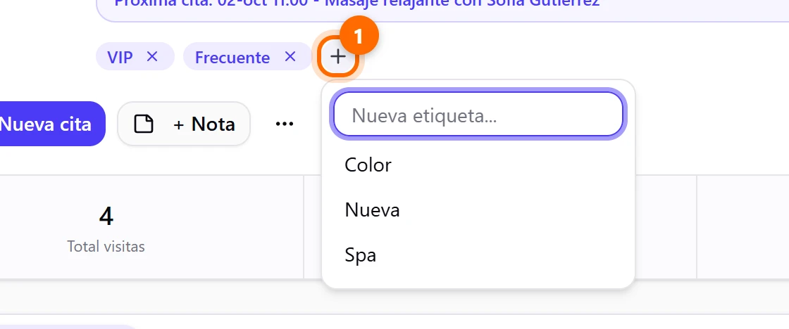 Cuadro para agregar una etiqueta, con las etiquetas existentes