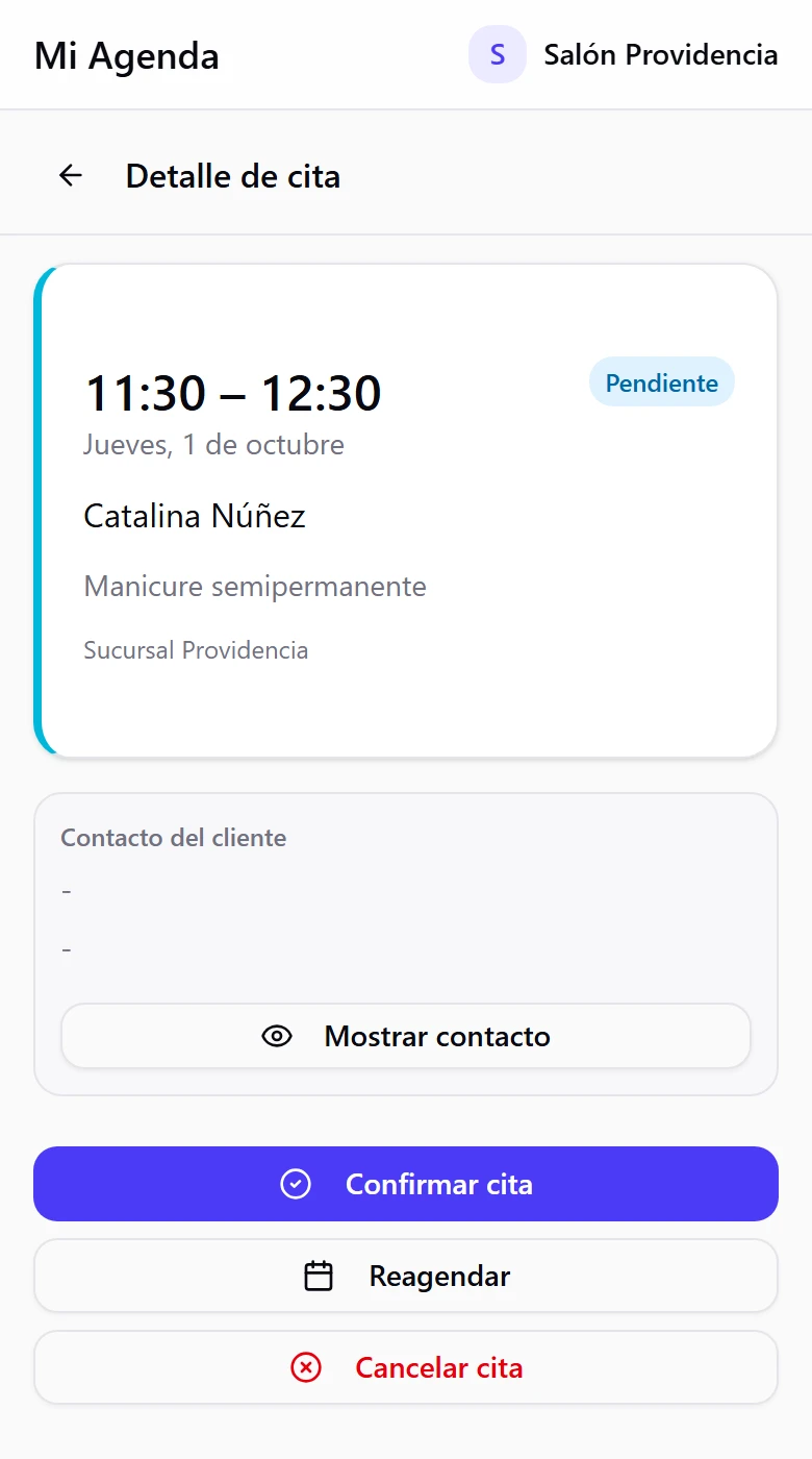 Detalle de cita en el celular con los botones Confirmar cita, Reagendar y Cancelar cita