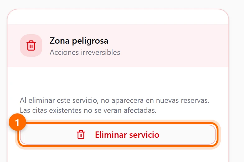 Tarjeta Zona peligrosa con el botón Eliminar servicio