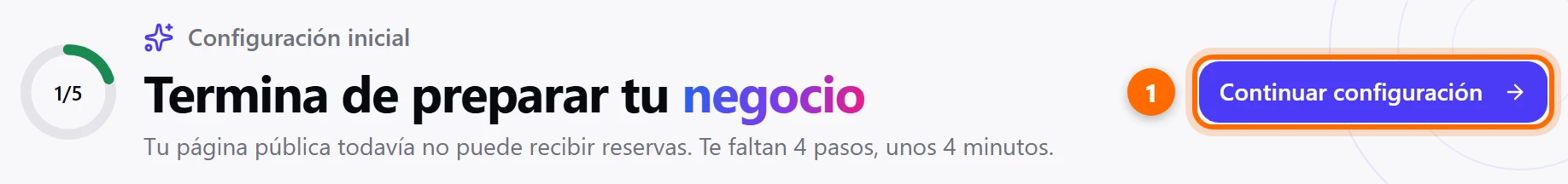 Franja Termina de preparar tu negocio con el botón Continuar configuración