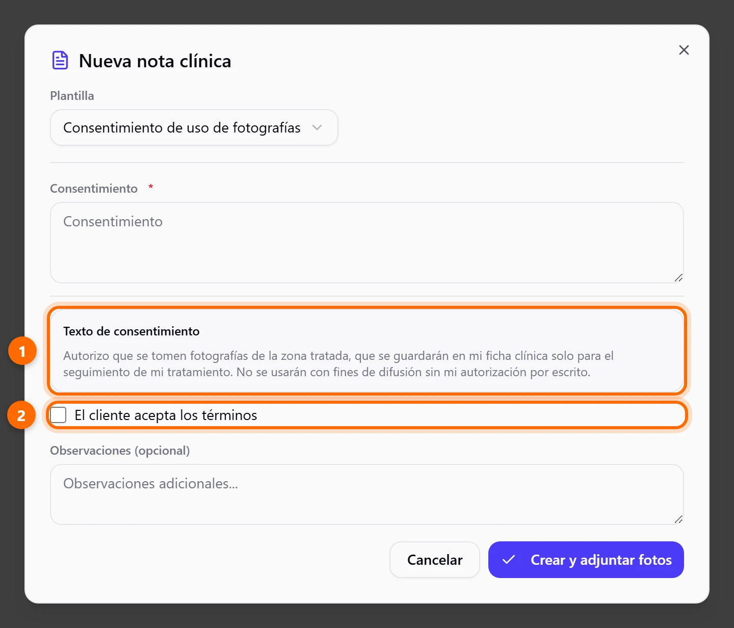 Ventana Nueva nota clínica con un consentimiento, su texto y la casilla de aceptación marcados