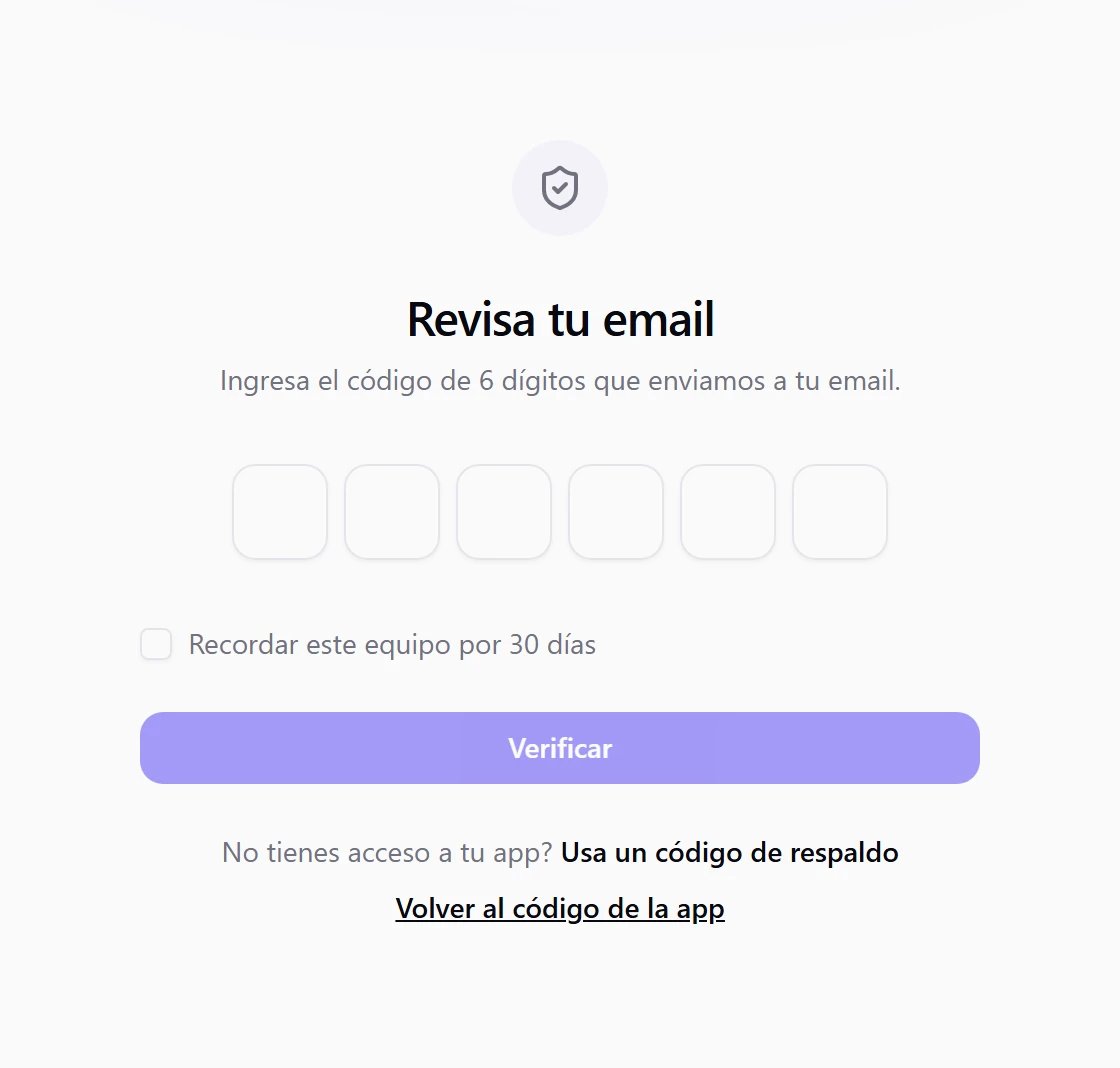 Pantalla Revisa tu email con las seis casillas para el código enviado al correo