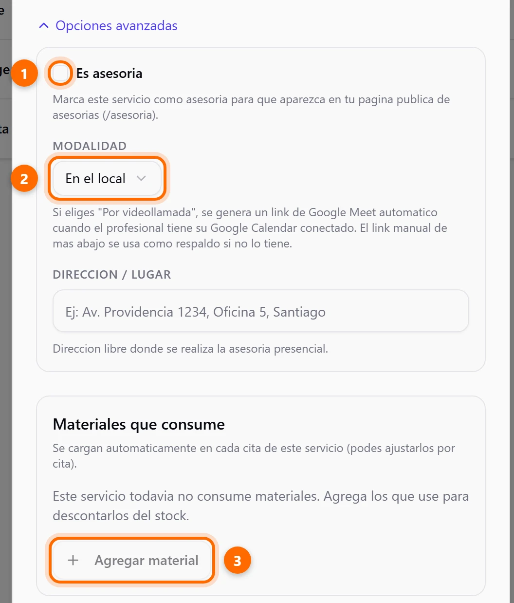 Opciones avanzadas abiertas: casilla Es asesoria, selector Modalidad y bloque Materiales que consume
