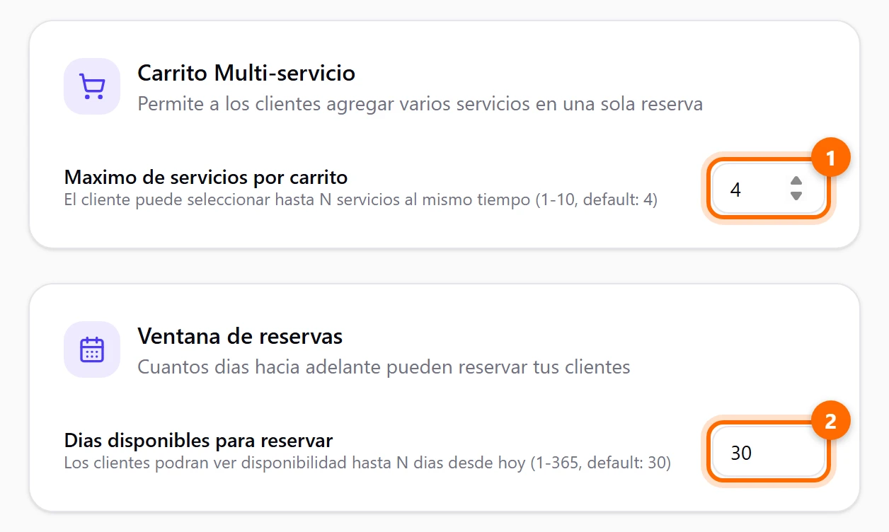 Tarjetas Carrito Multi-servicio y Ventana de reservas con sus campos numéricos