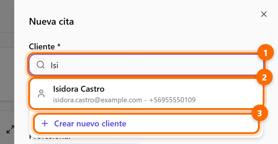 Buscador de cliente con un resultado y la opción Crear nuevo cliente