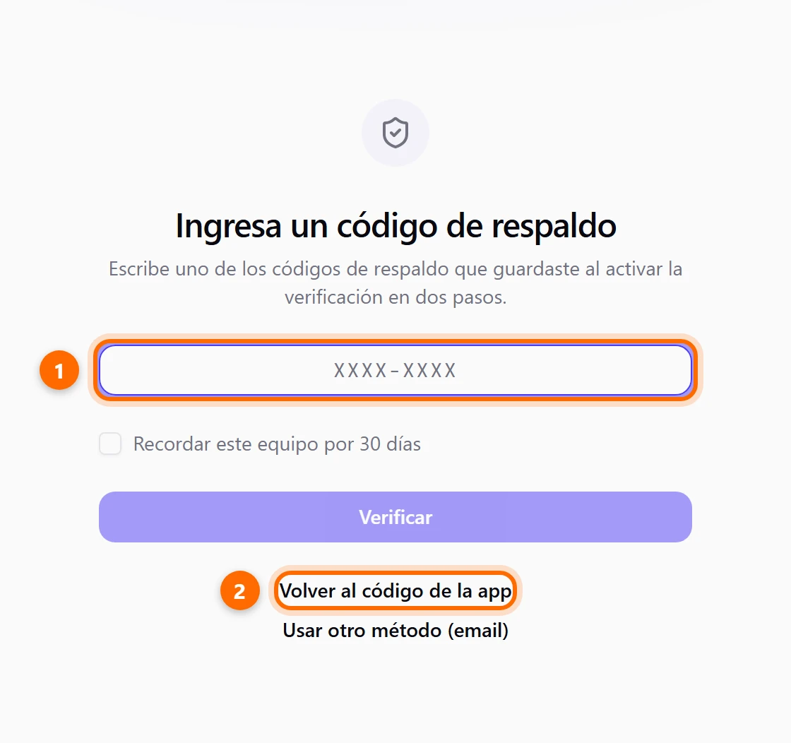 Pantalla Ingresa un código de respaldo con el campo de texto y el enlace Volver al código de la app