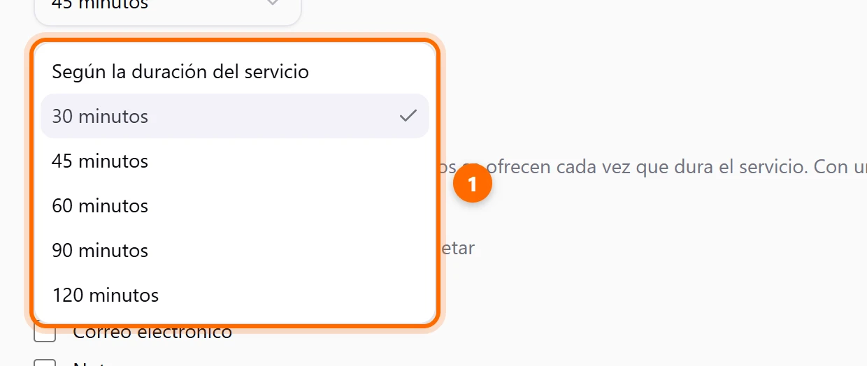 Lista desplegada del Intervalo de horarios con Según la duración del servicio y de 30 a 120 minutos