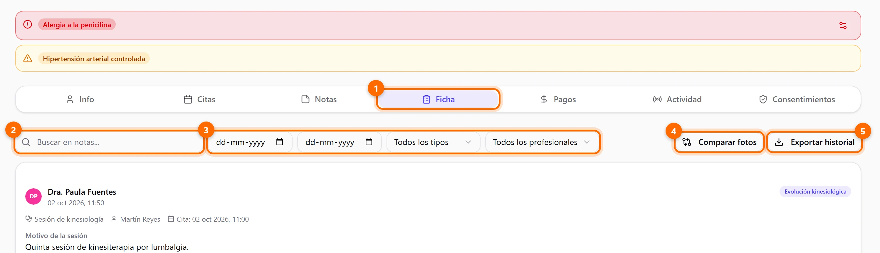 Pestaña Ficha de un cliente con las alertas, los filtros y la primera nota, con cinco puntos marcados