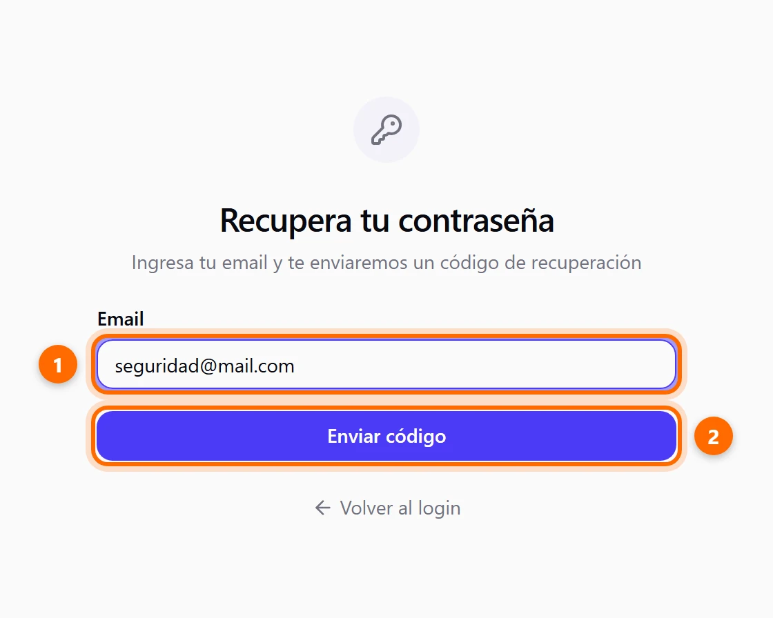 Pantalla Recupera tu contraseña con el campo Email y el botón Enviar código