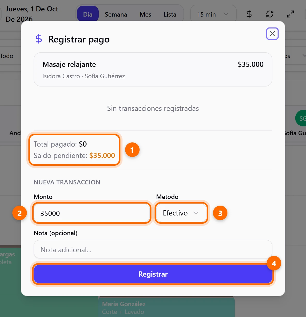 Ventana Registrar pago con total pagado, saldo pendiente, monto y método