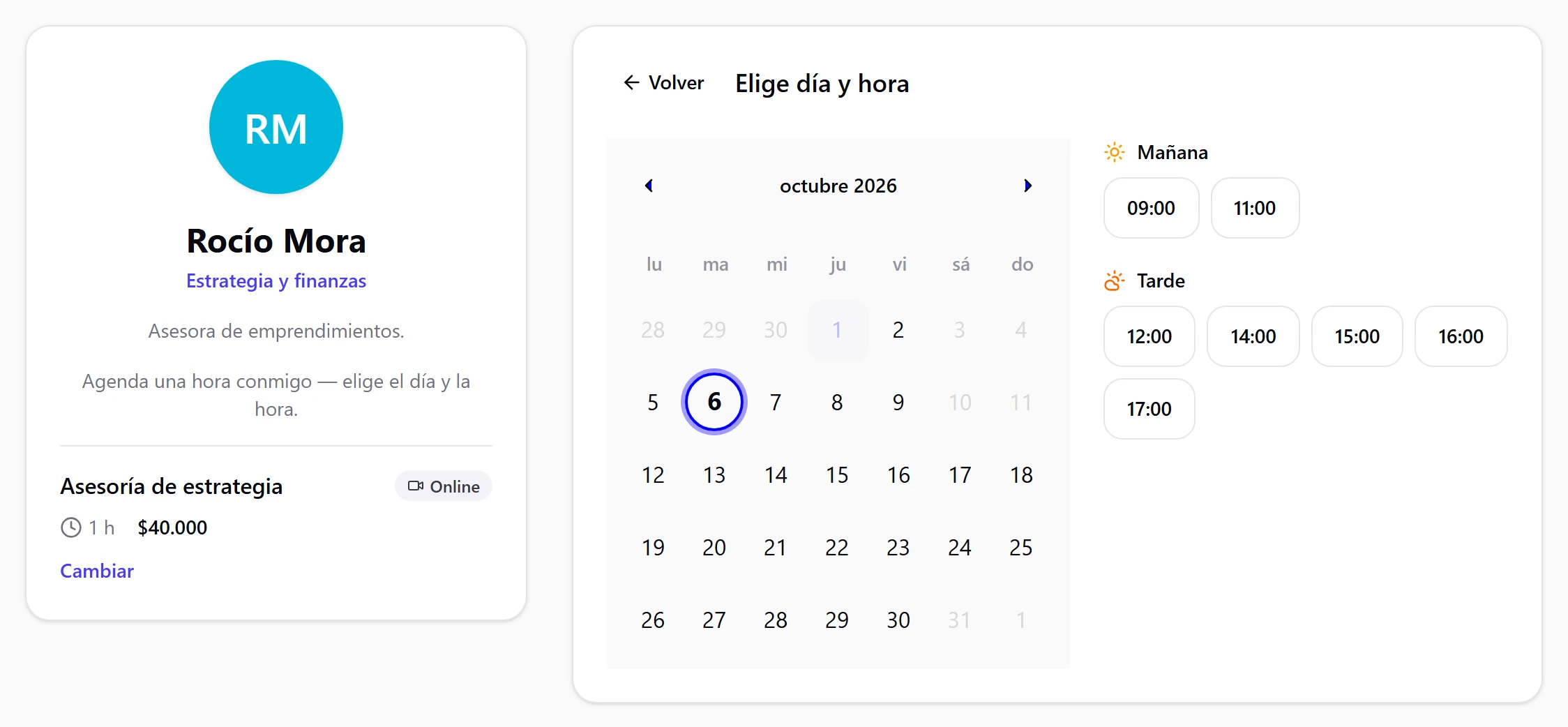 Calendario con un día elegido y los horarios disponibles por la mañana y por la tarde