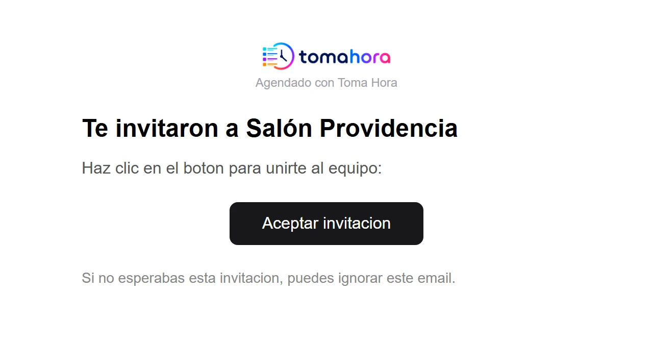Correo con el título Te invitaron a Salón Providencia y el botón Aceptar invitacion