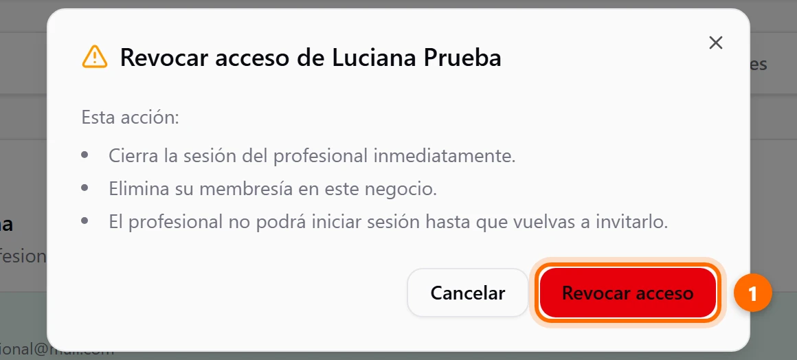 Ventana Revocar acceso de Luciana Prueba con las tres consecuencias y el botón Revocar acceso