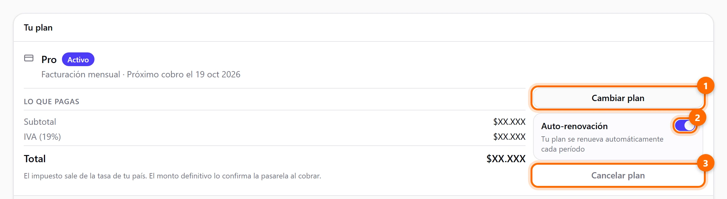 Tarjeta Tu plan con el plan Pro activo, el desglose de lo que pagas y los botones Cambiar plan, Auto-renovación y Cancelar plan
