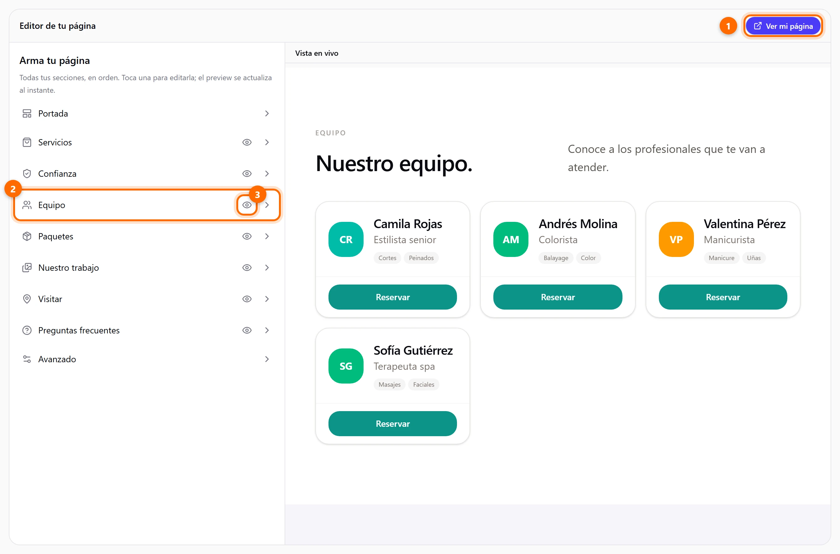 Editor Landing con la lista de secciones a la izquierda y la vista en vivo a la derecha