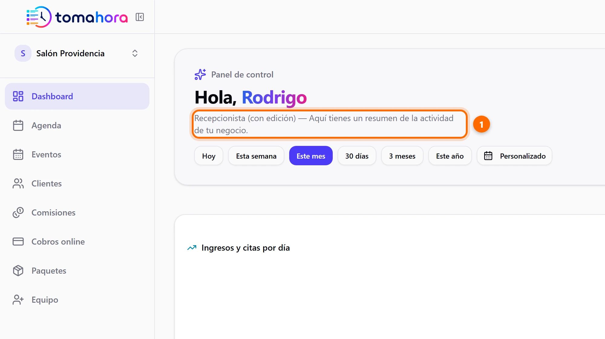 Dashboard de una recepcionista con el rol bajo el saludo y un menú lateral reducido