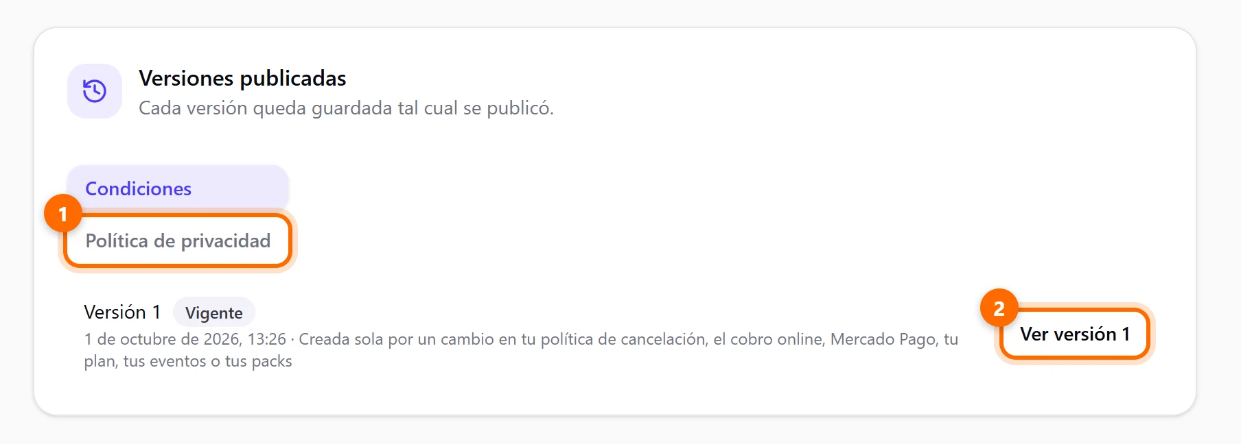 Tarjeta Versiones publicadas con la versión 1 vigente y el botón Ver versión 1