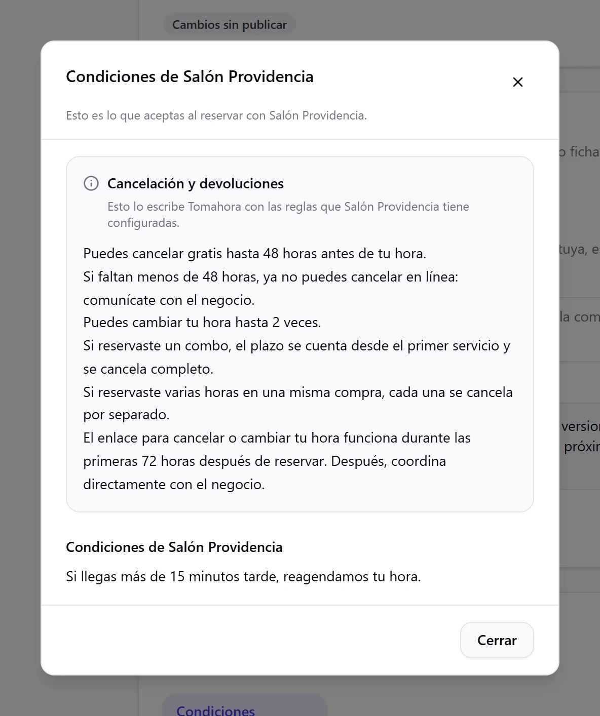 Vista previa de las condiciones con la parte de cancelación y el texto del negocio