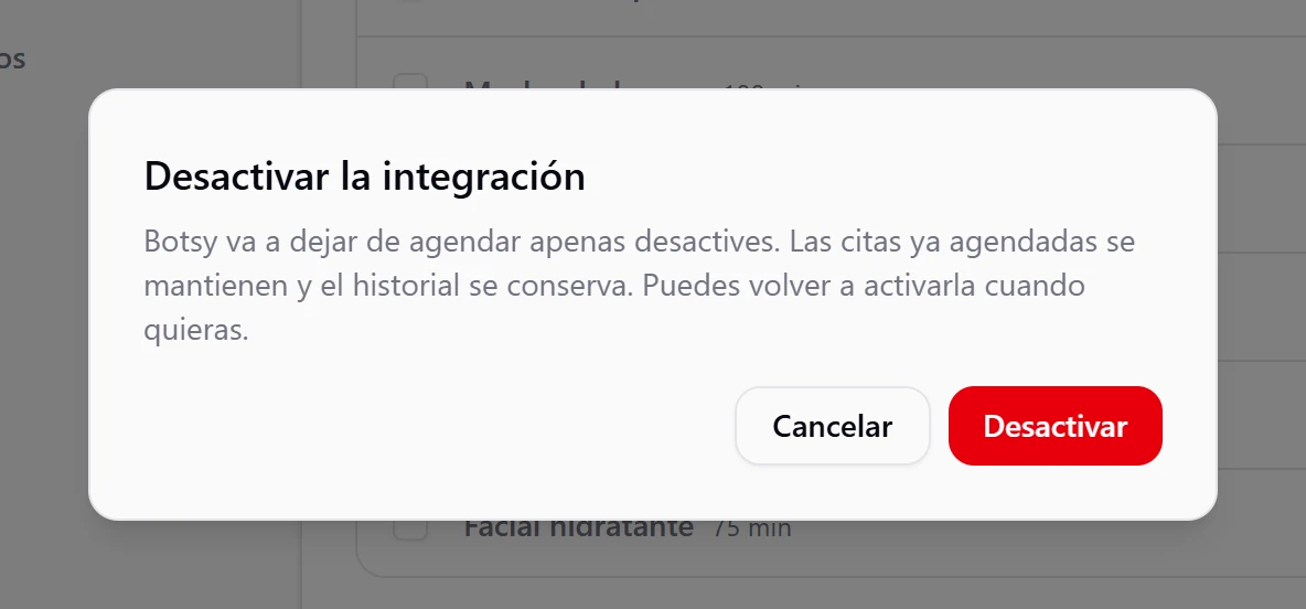 Ventana Desactivar la integración con los botones Cancelar y Desactivar