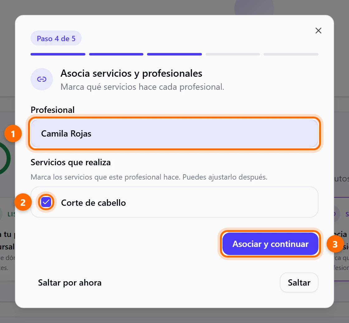 Asistente, paso 4 de 5: asociar servicios a un profesional