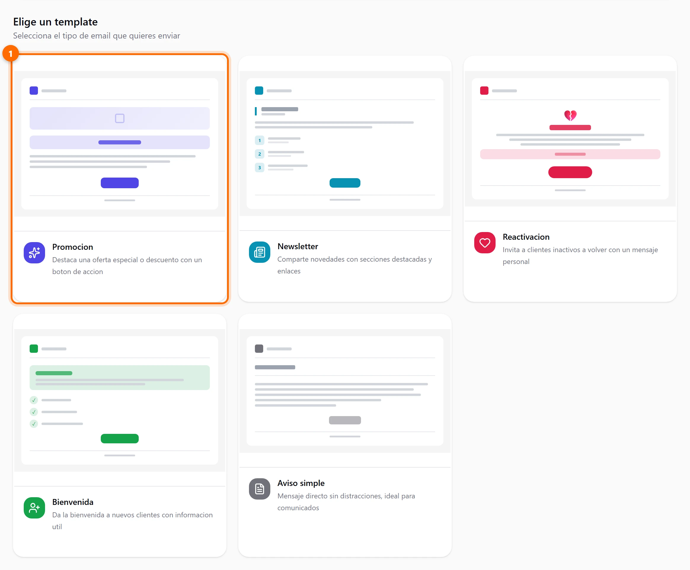 Los cinco templates de campaña: Promocion, Newsletter, Reactivacion, Bienvenida y Aviso simple