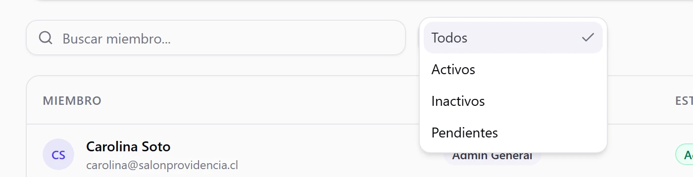 Filtro desplegado con las opciones Todos, Activos, Inactivos y Pendientes