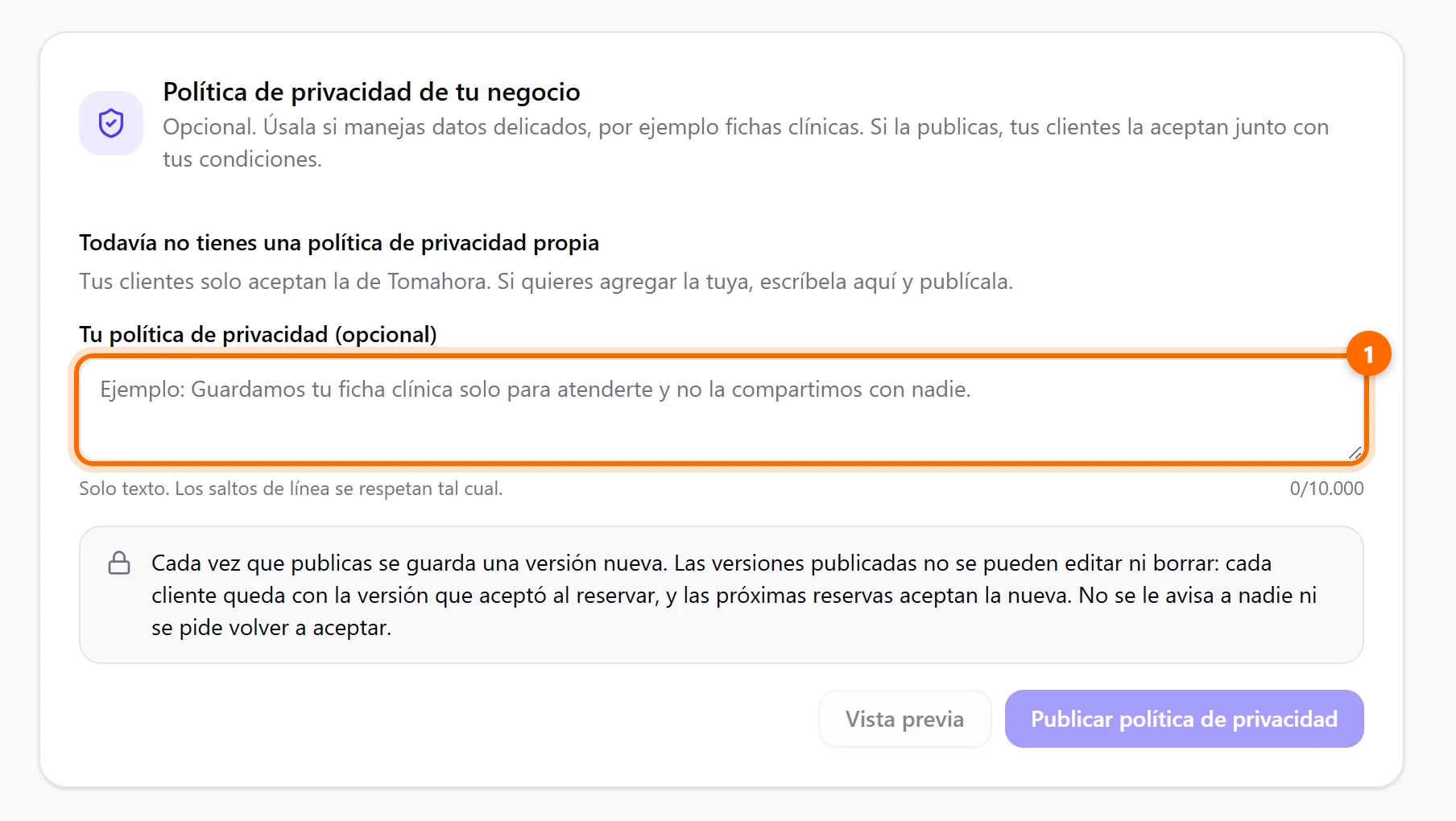 Tarjeta Política de privacidad de tu negocio con el campo para escribirla