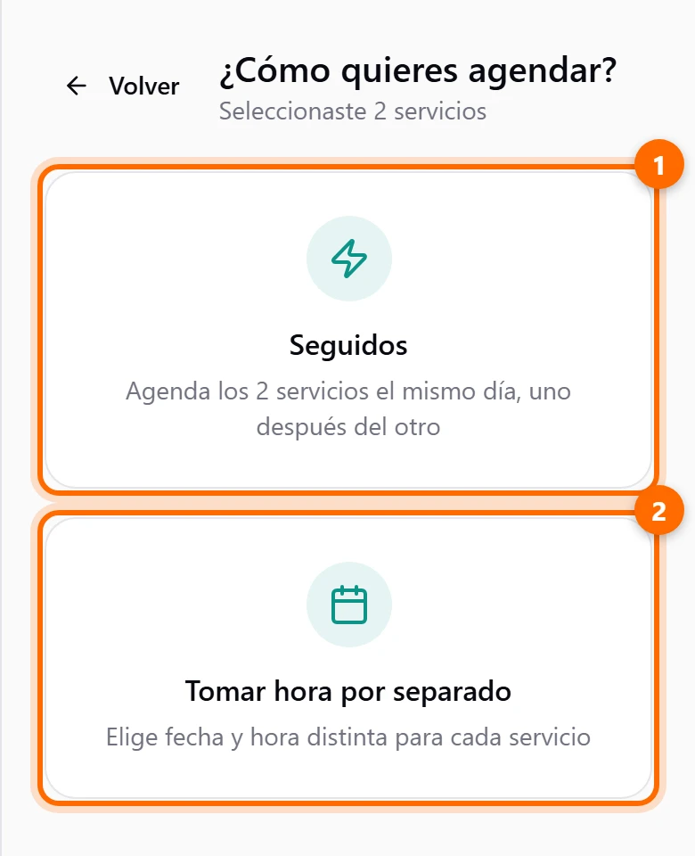 Pantalla Cómo quieres agendar con las opciones Seguidos y Tomar hora por separado