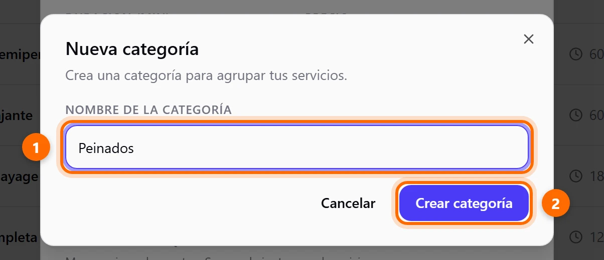Ventana Nueva categoría con el nombre Peinados escrito