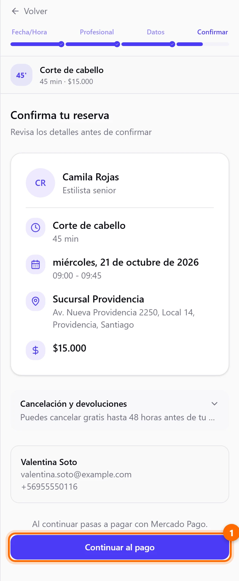 Paso de confirmar con el botón Continuar al pago