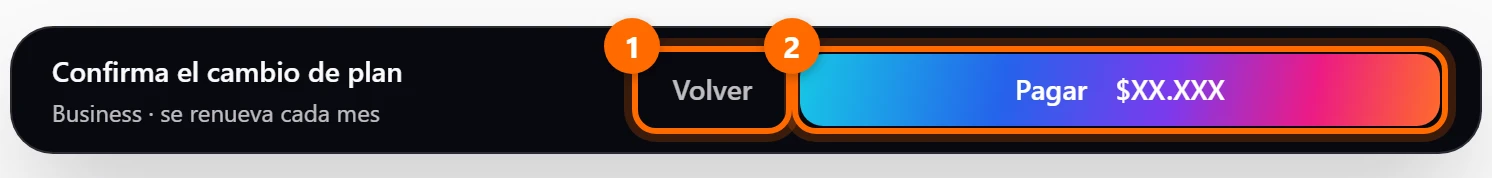 Barra inferior con el resumen del cambio de plan y los botones Volver y Pagar